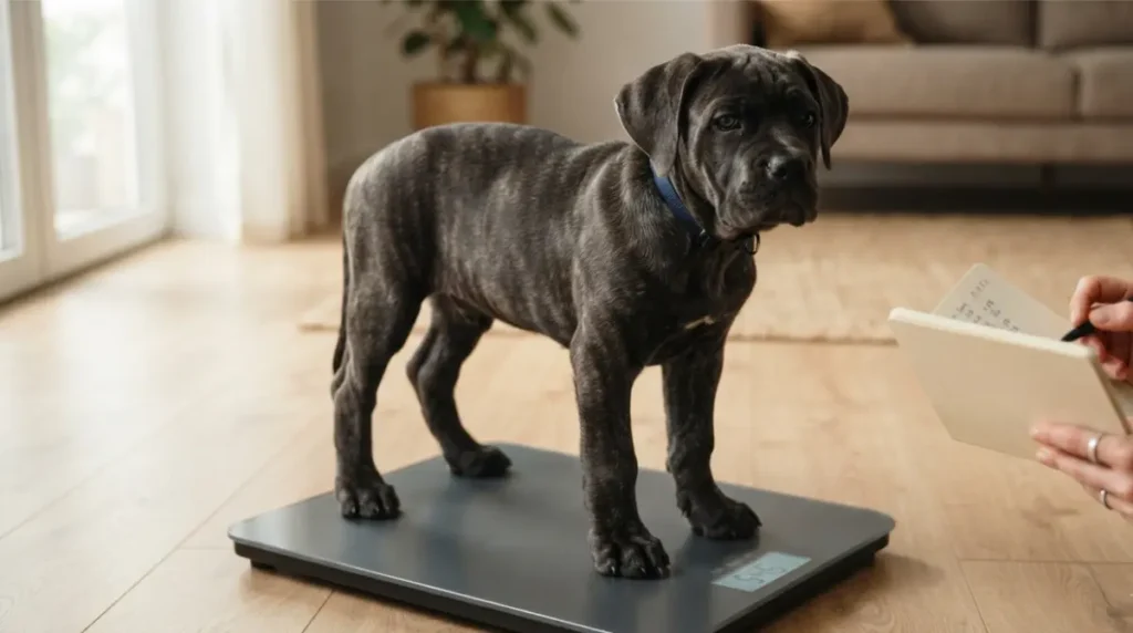 Cane Corso puppy being weighed on a digital scale while an owner records the measurement