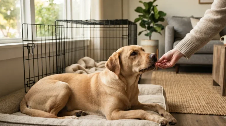 Adolescent dog resting outside open crate in a sunlit living room, ready to stop crating